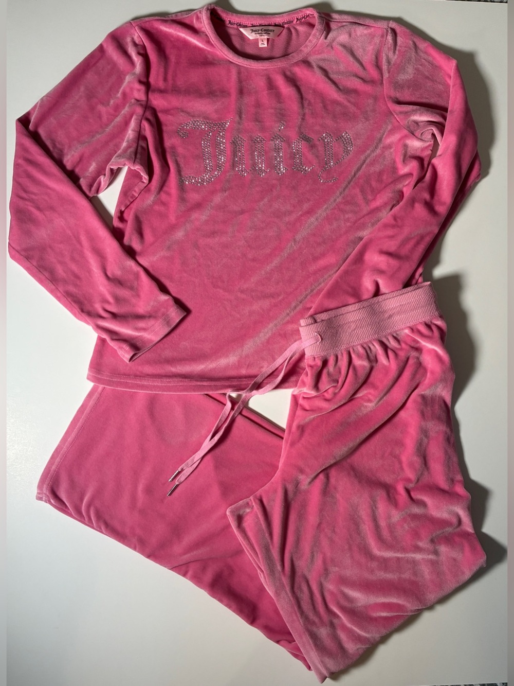 Juicy Couture Pink Velvet Silver Rhinestones Long Sleeve Pant Sleepwear Set
